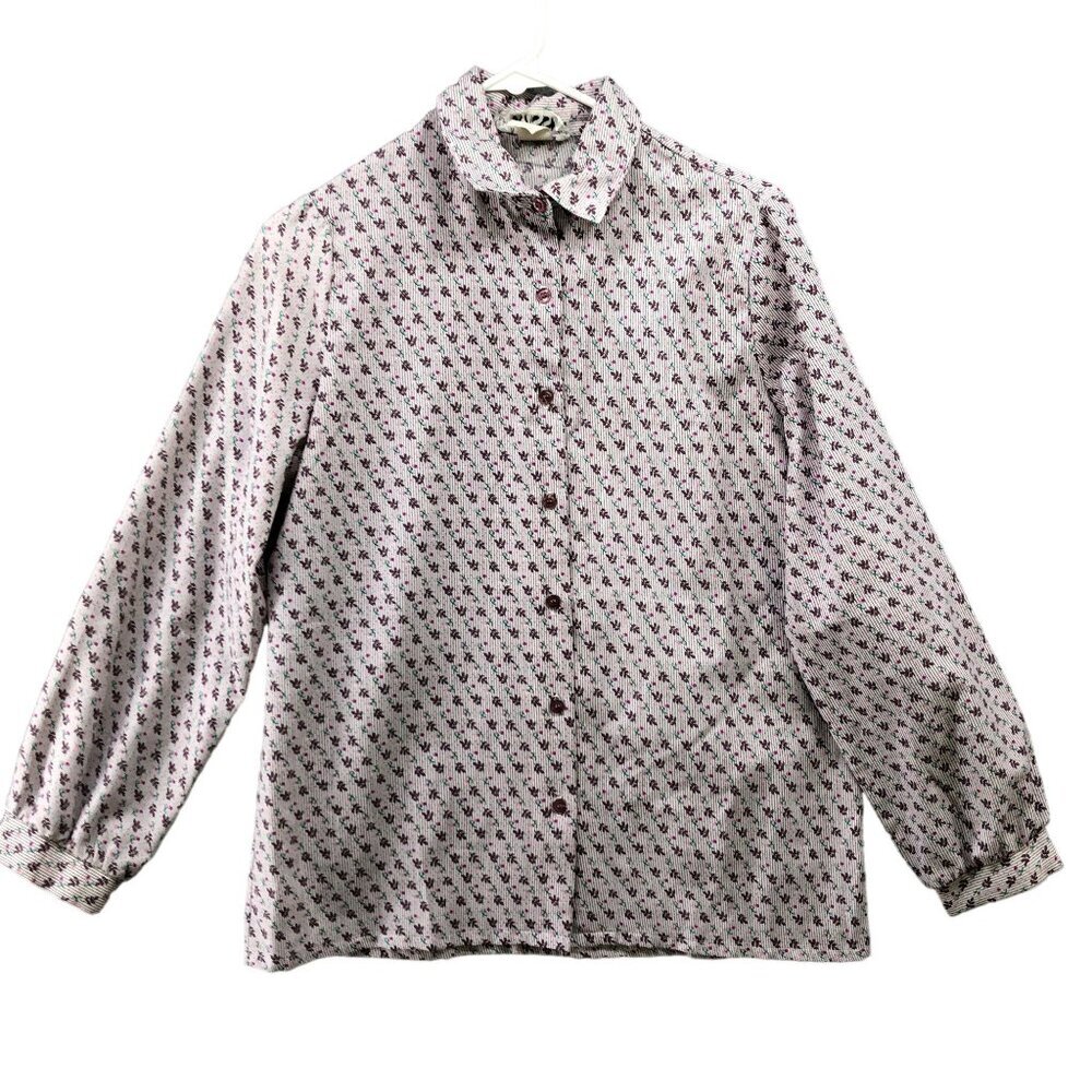 Vintage Trissi 70s Blouse Womens M Purple Floral Button Down Hippie Twee